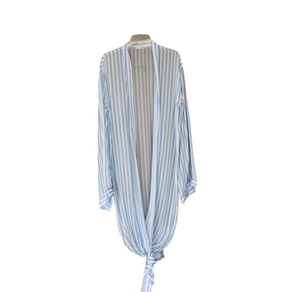 Striped Light Blue & White Women's Swim Coverup Kimono